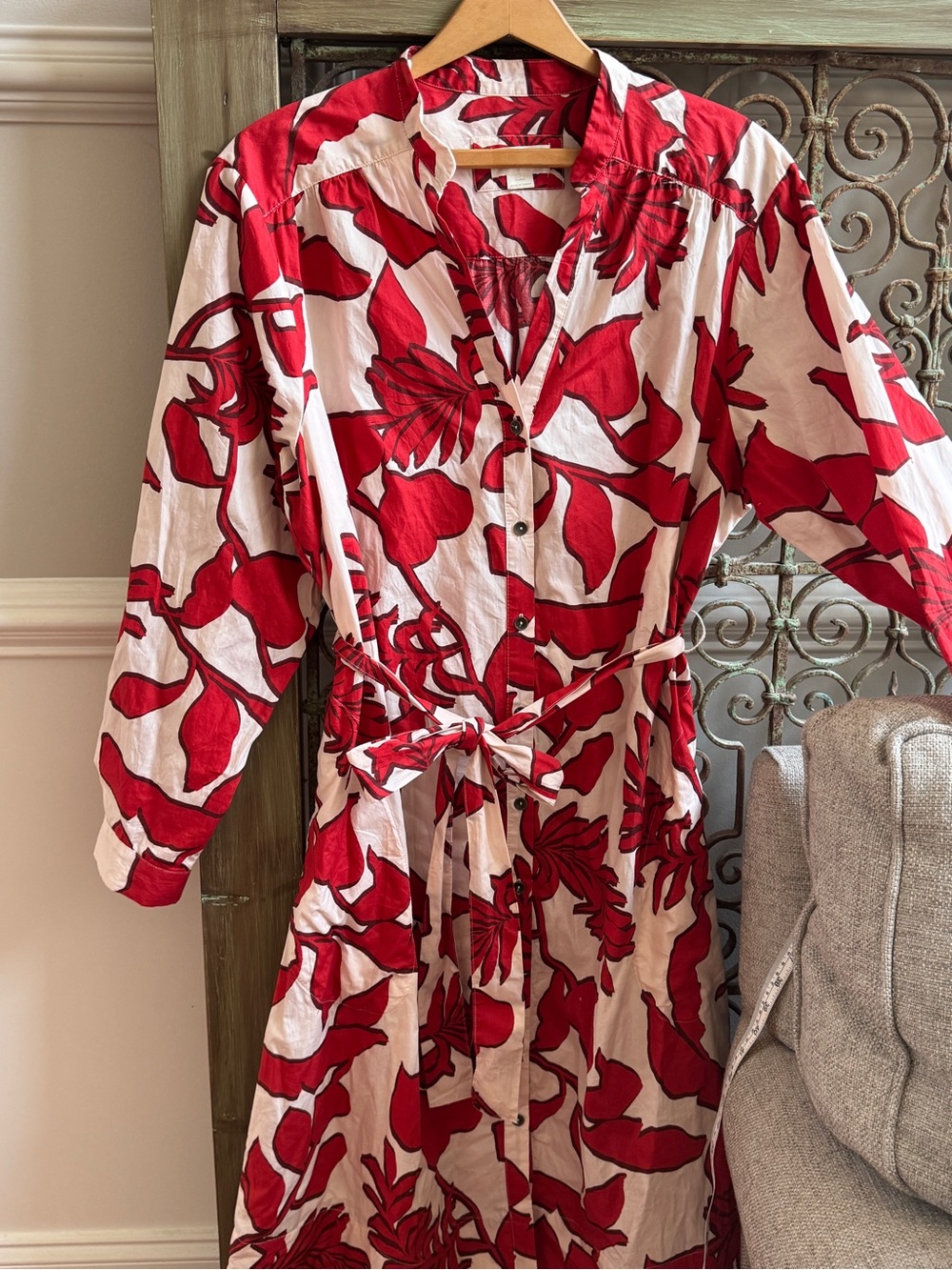 Anthropologie Red and White Floral Button-Front Midi Dress